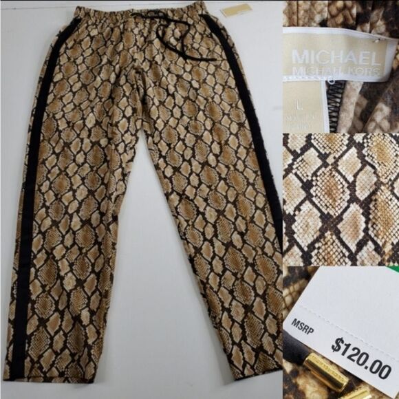 NEW L MICHAEL KORS SNAKEPRINT BLACK TAN LOUNGE JOGGERS TRAVEL PANTS NWT LARGE